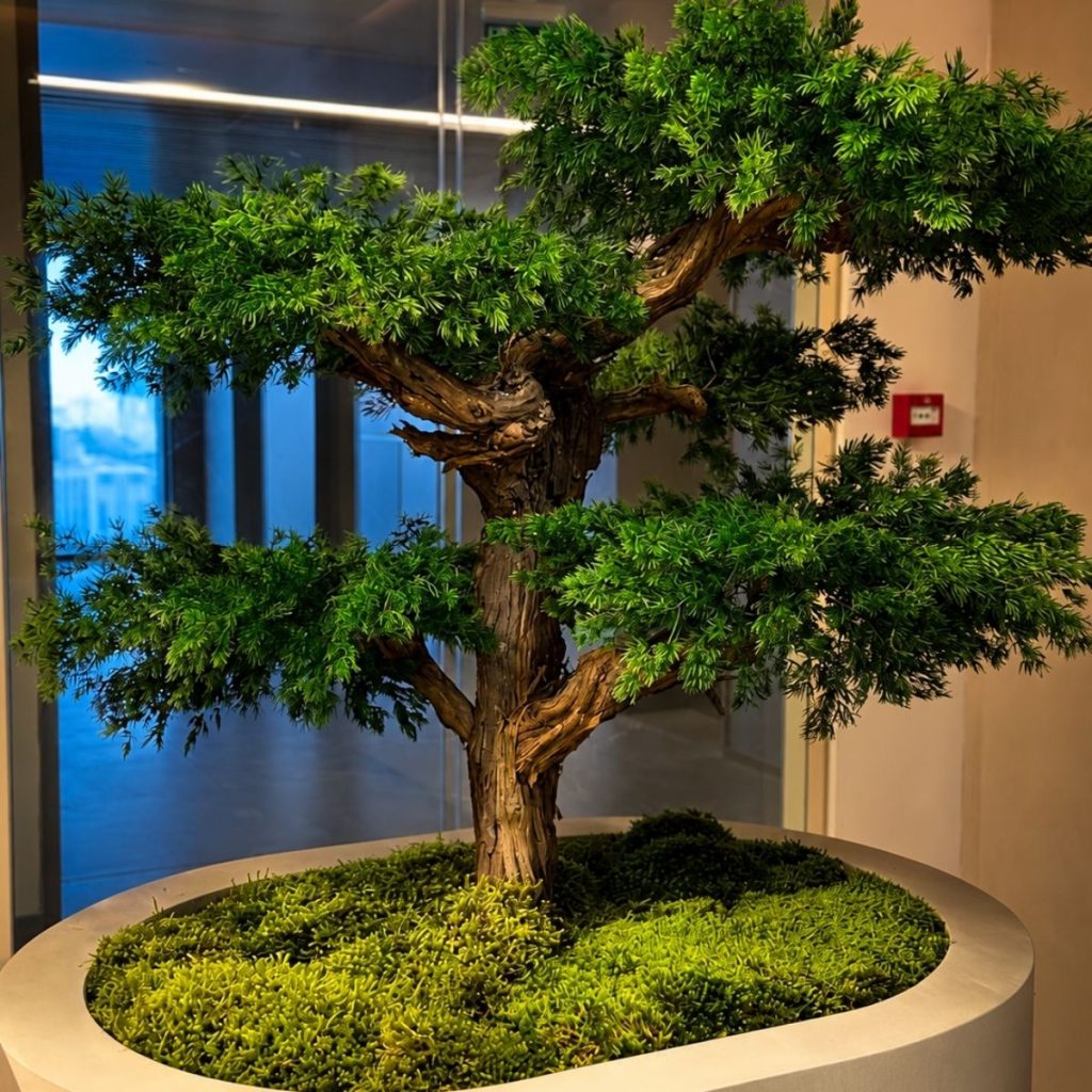Modern iç mekanlarda kullanılan büyük el yapımı bonsai ağaç uygulaması.