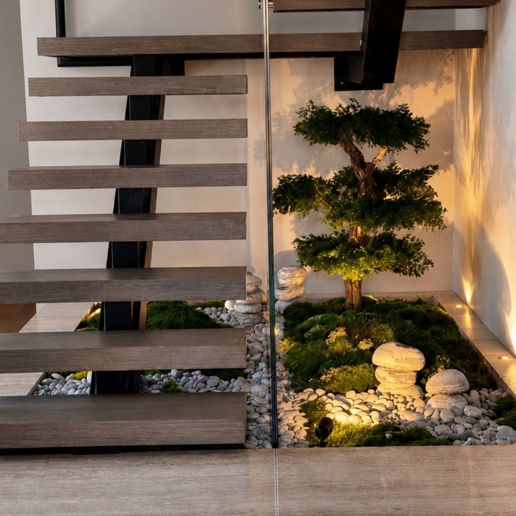 Merdiven altı alanı için tasarlanan el yapımı bonsai ağaç ve dekoratif iç mekan peyzaj uygulaması.