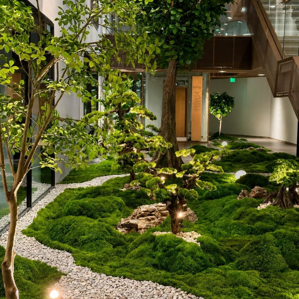 Gerçek gövde ve özel yapraklarla hazırlanan el yapımı bonsai ağaç uygulaması.