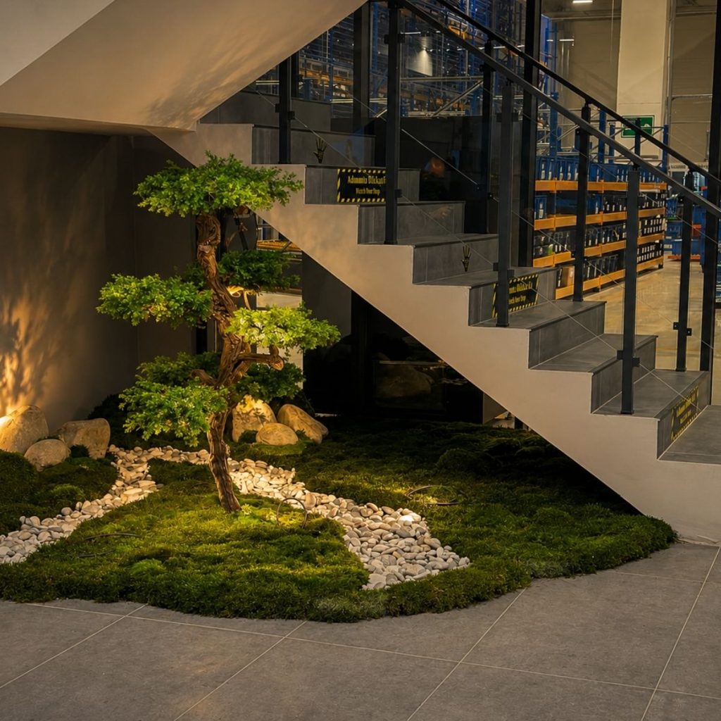 Kurumsal ofis için tasarlanan gerçek gövdeli el yapımı bonsai ağaç uygulaması.