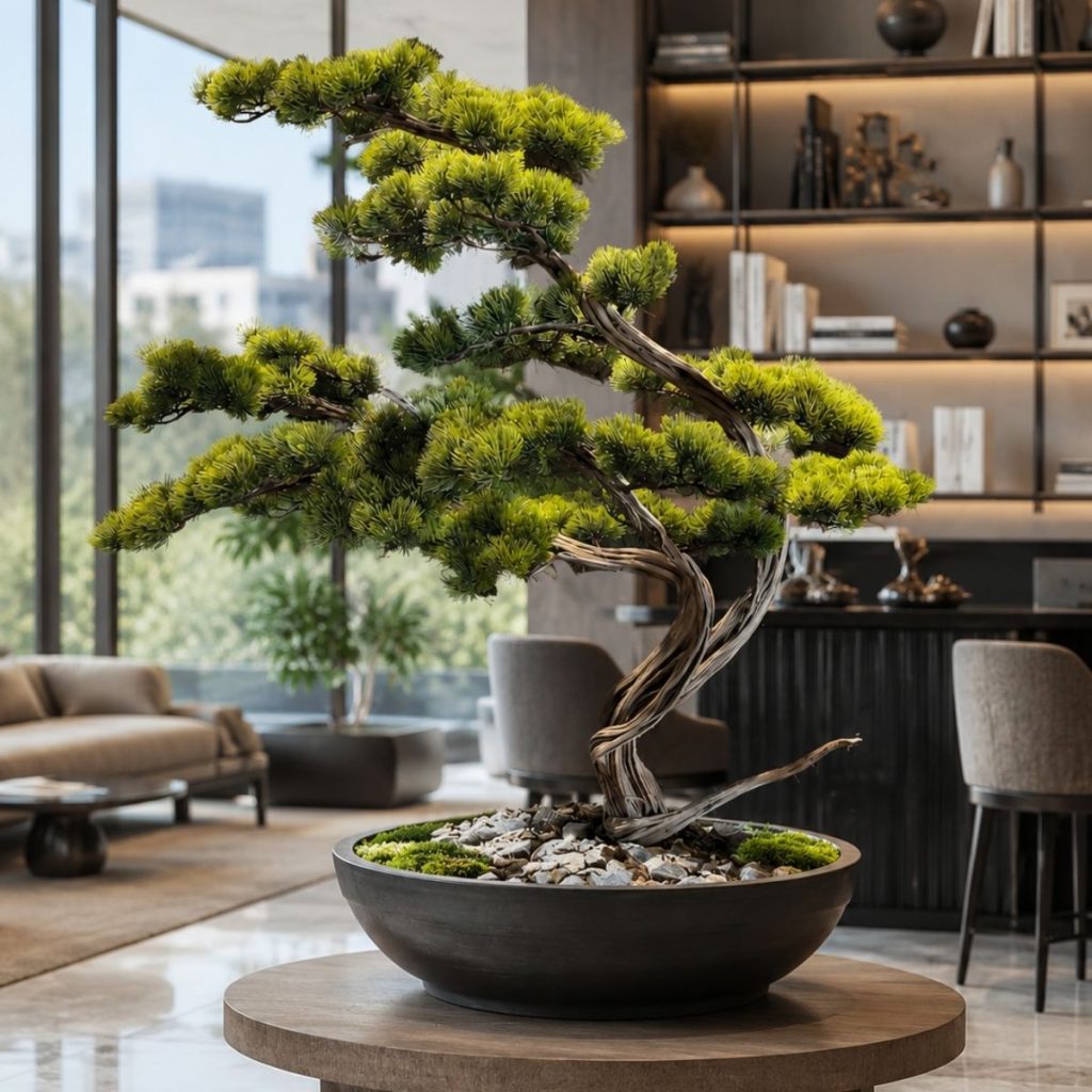 Modern ofis dekorasyonu için hazırlanan masa üstü bonsai ağaç tasarımı.