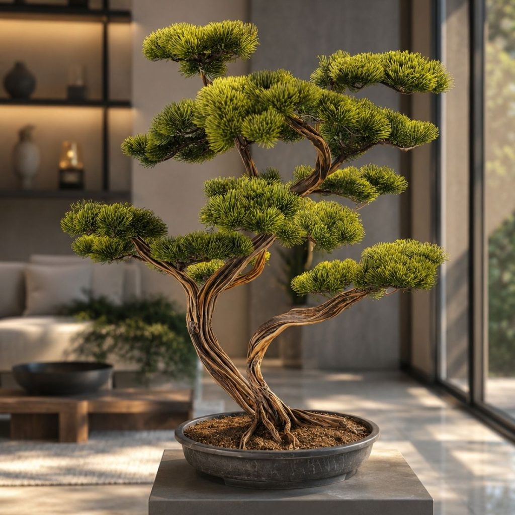 Profesyonel iç mekan dekorasyonu için tasarlanan el yapımı bonsai ağaç uygulaması.