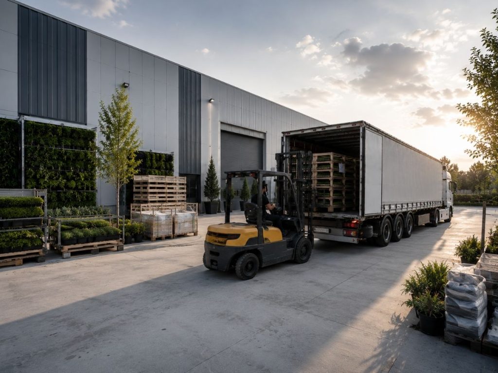 GWM Peyzaj üretim tesisinde hazırlanan yosun duvar ve dikey bahçe projelerinin forklift ile sevkiyata hazırlandığı lojistik alanı. Türkiye geneline ve yurt dışına profesyonel teslimat.