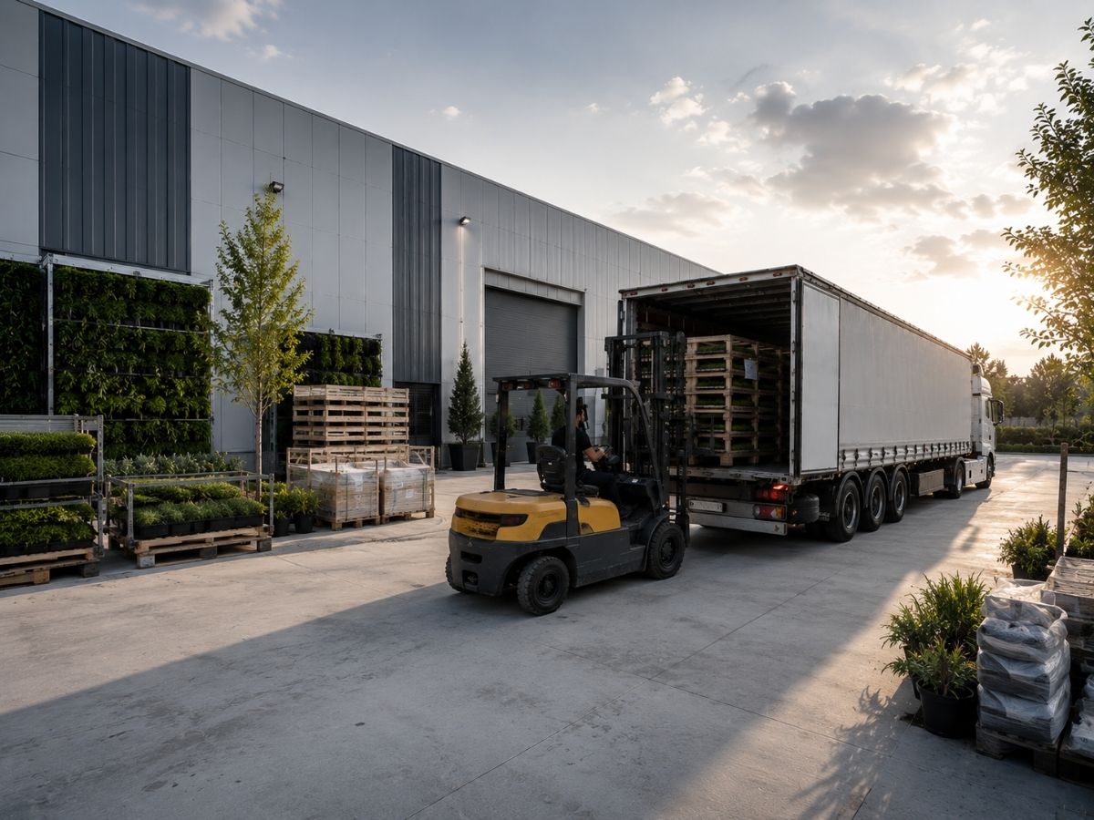 GWM Peyzaj üretim tesisinde hazırlanan yosun duvar ve dikey bahçe projelerinin forklift ile sevkiyata hazırlandığı lojistik alanı. Türkiye geneline ve yurt dışına profesyonel teslimat.